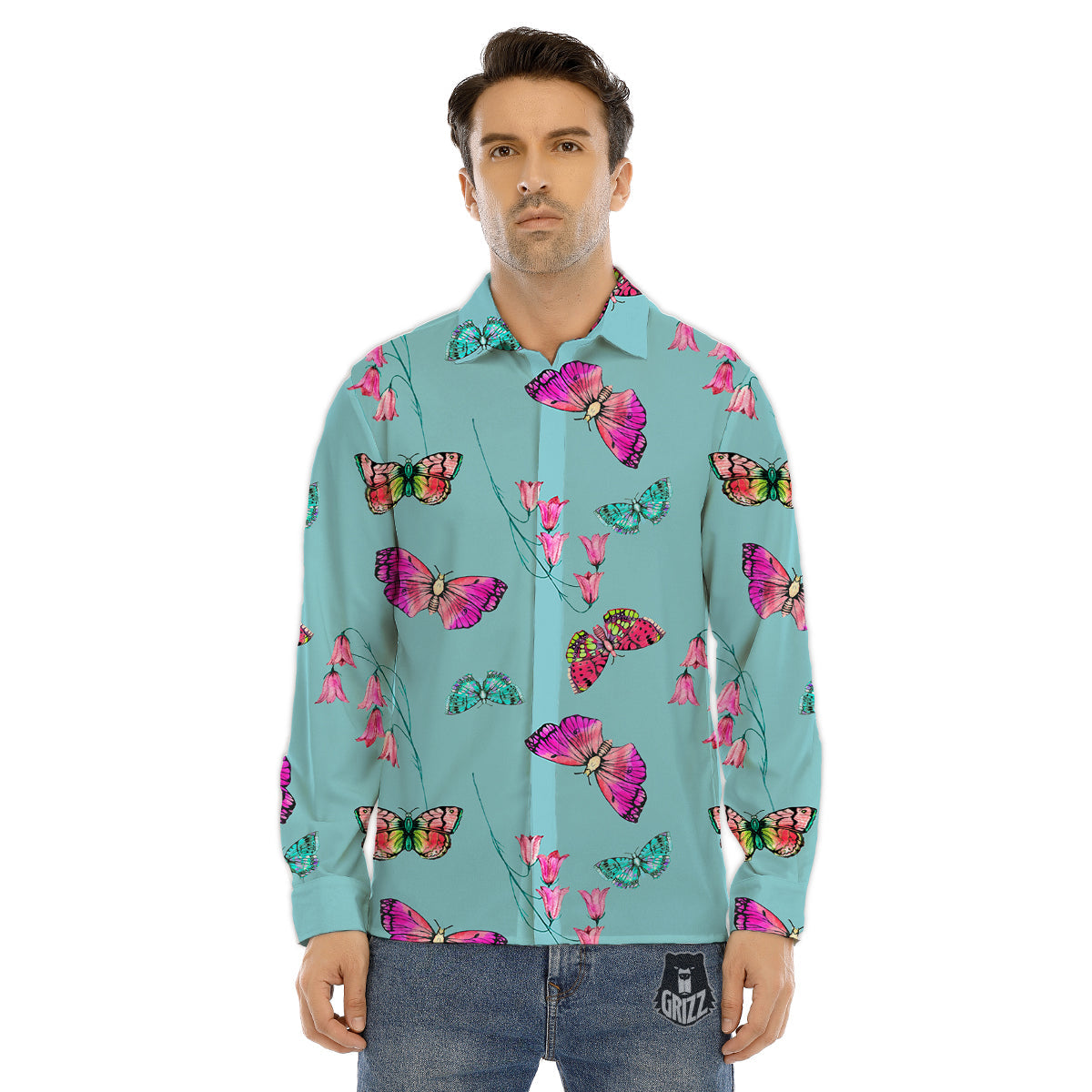 Butterfly Pink And Turquoise Print Pattern Men's Dress Shirts-grizzshop