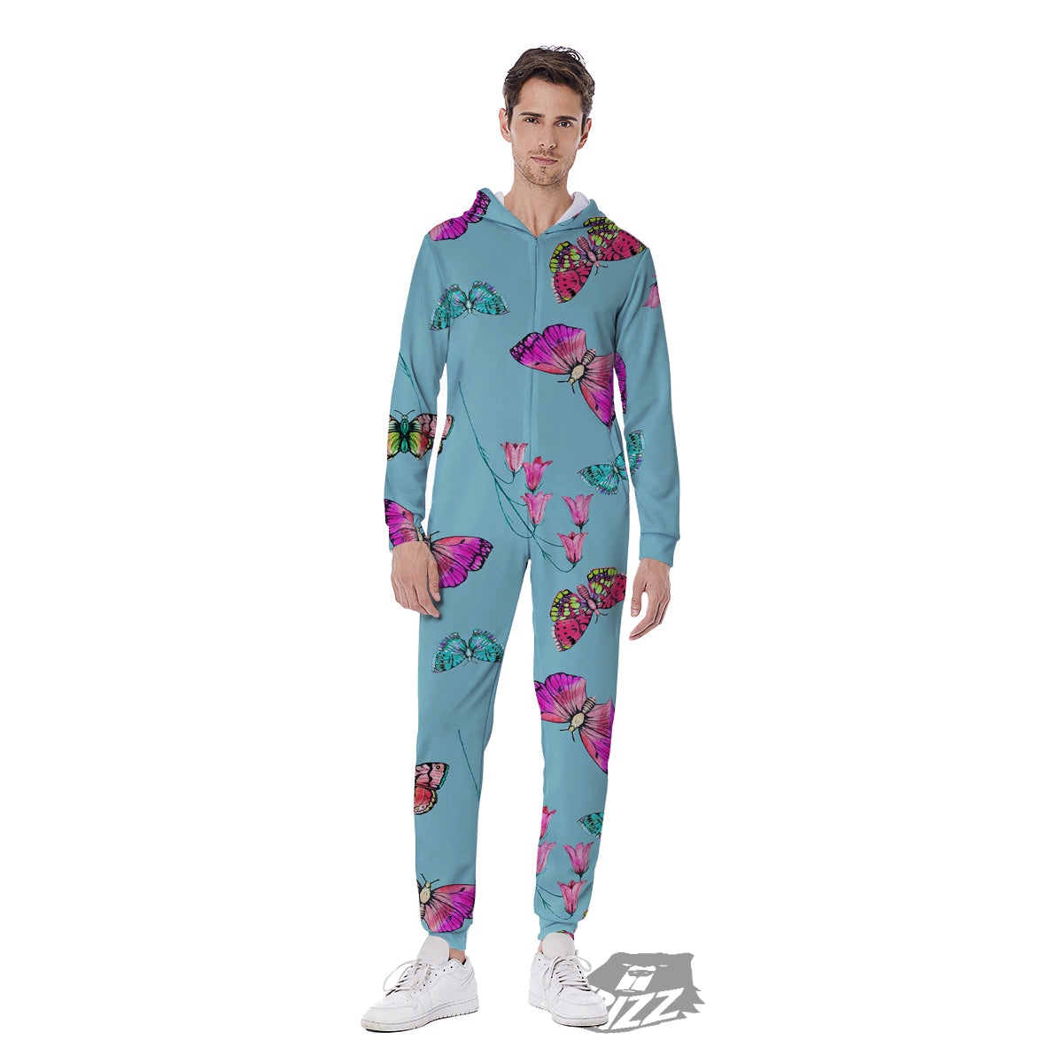 Butterfly Pink And Turquoise Print Pattern Men's Jumpsuit-grizzshop