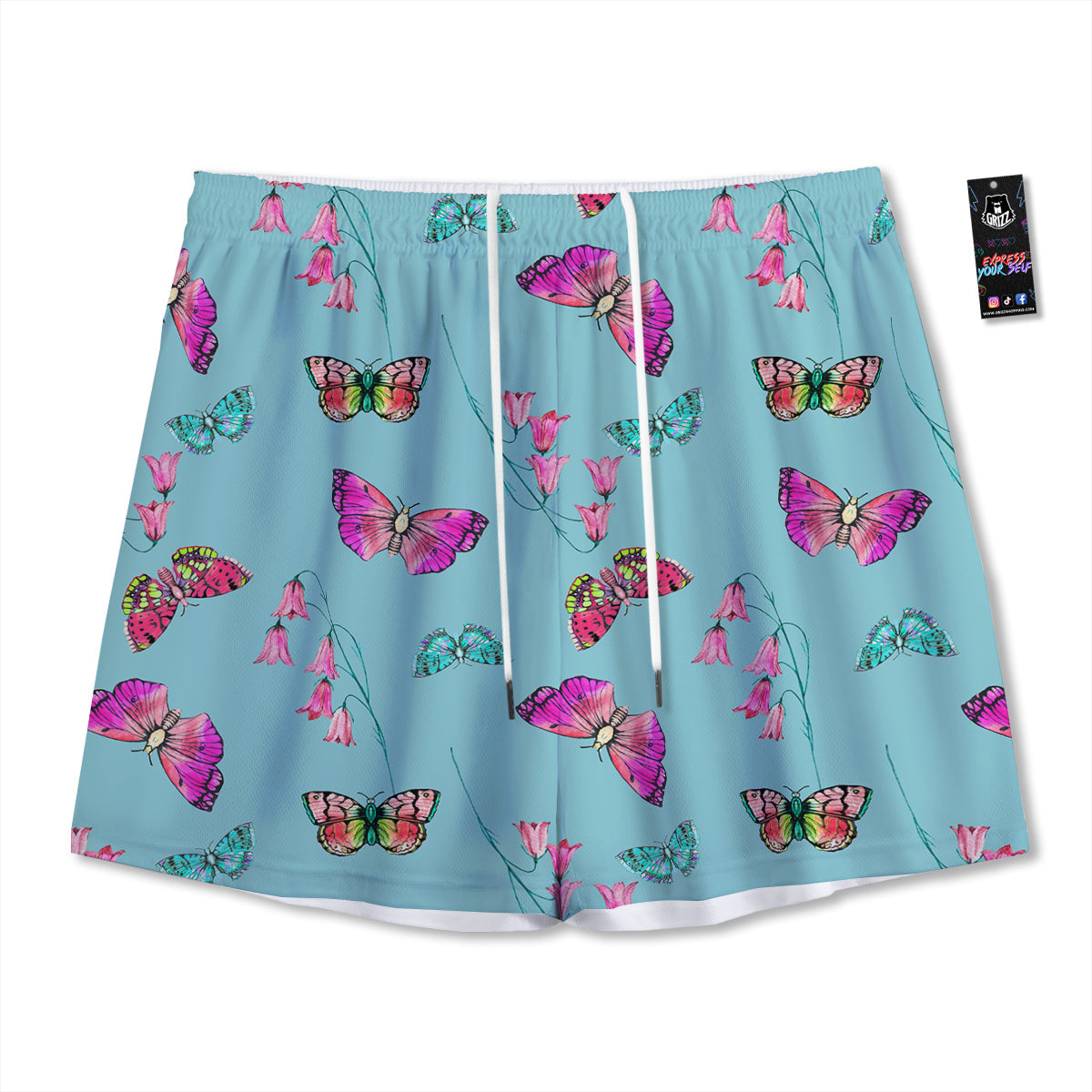 Butterfly Pink And Turquoise Print Pattern Mesh Shorts