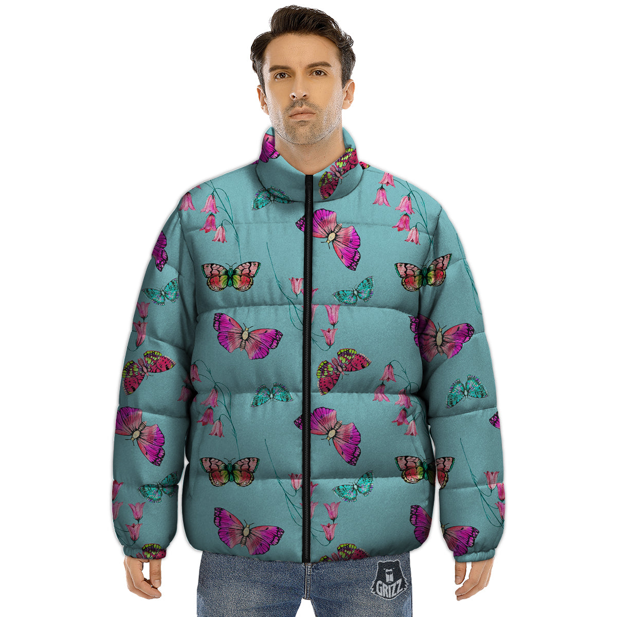 Butterfly Pink And Turquoise Print Pattern Puffer Jacket-grizzshop