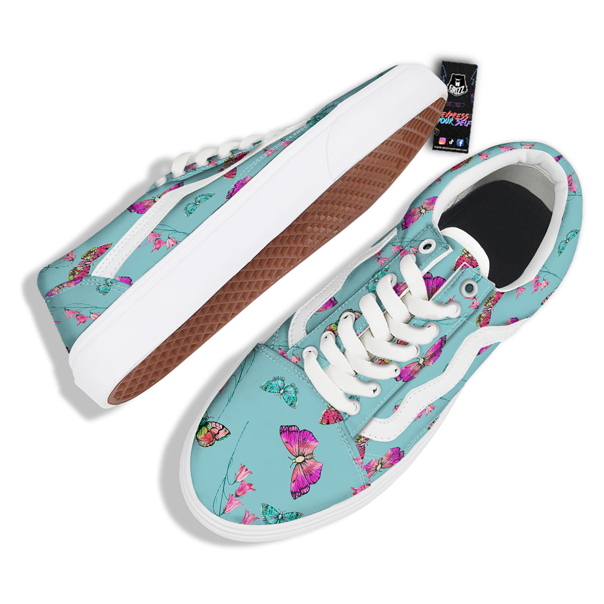 Butterfly Pink And Turquoise Print Pattern Skate Shoes-grizzshop