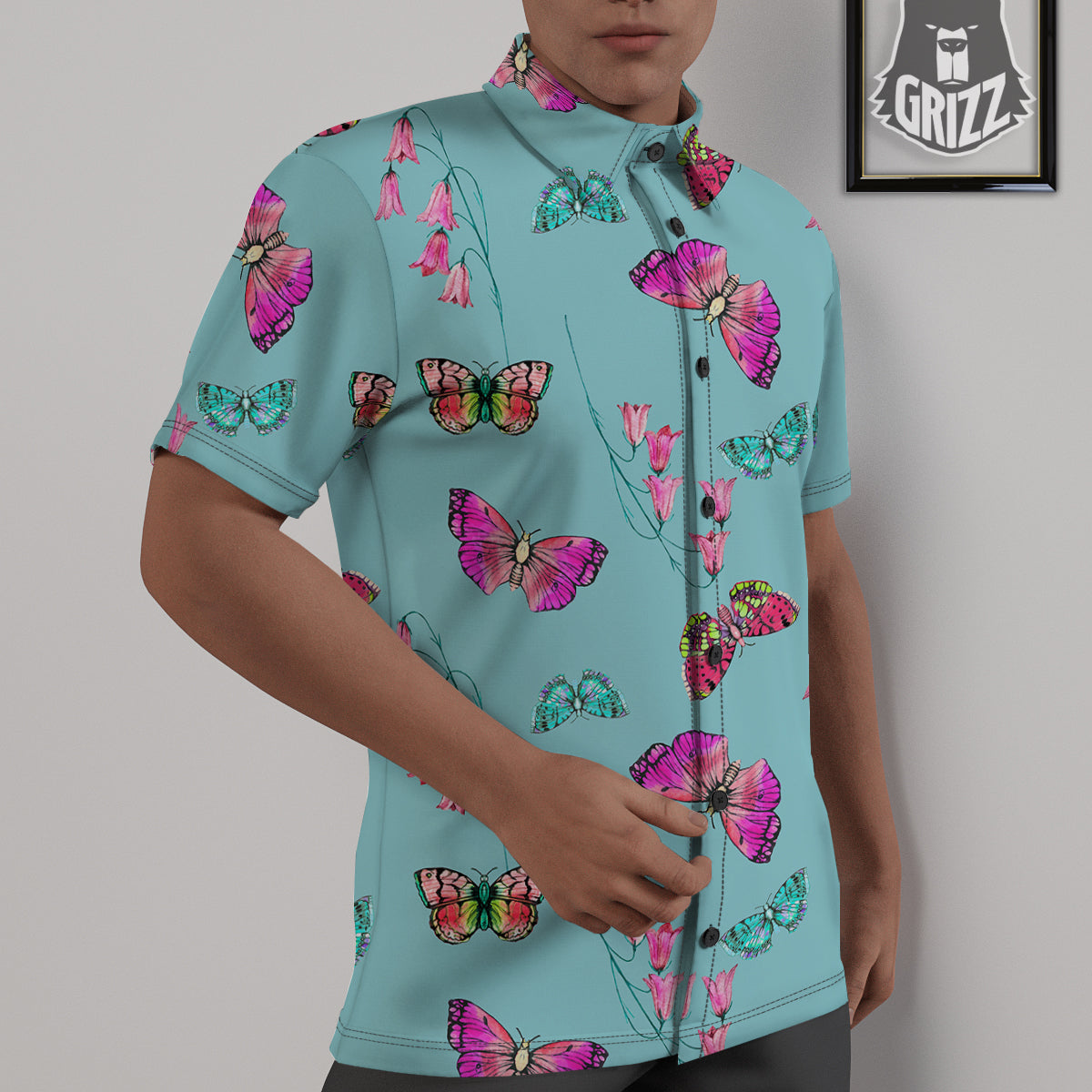 Butterfly Pink And Turquoise Print Pattern Untucked Shirts-grizzshop