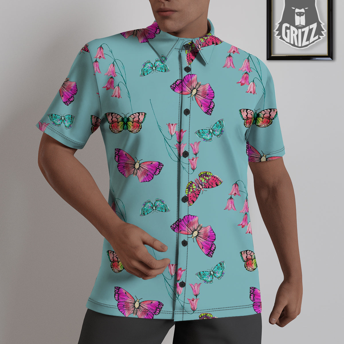 Butterfly Pink And Turquoise Print Pattern Untucked Shirts-grizzshop