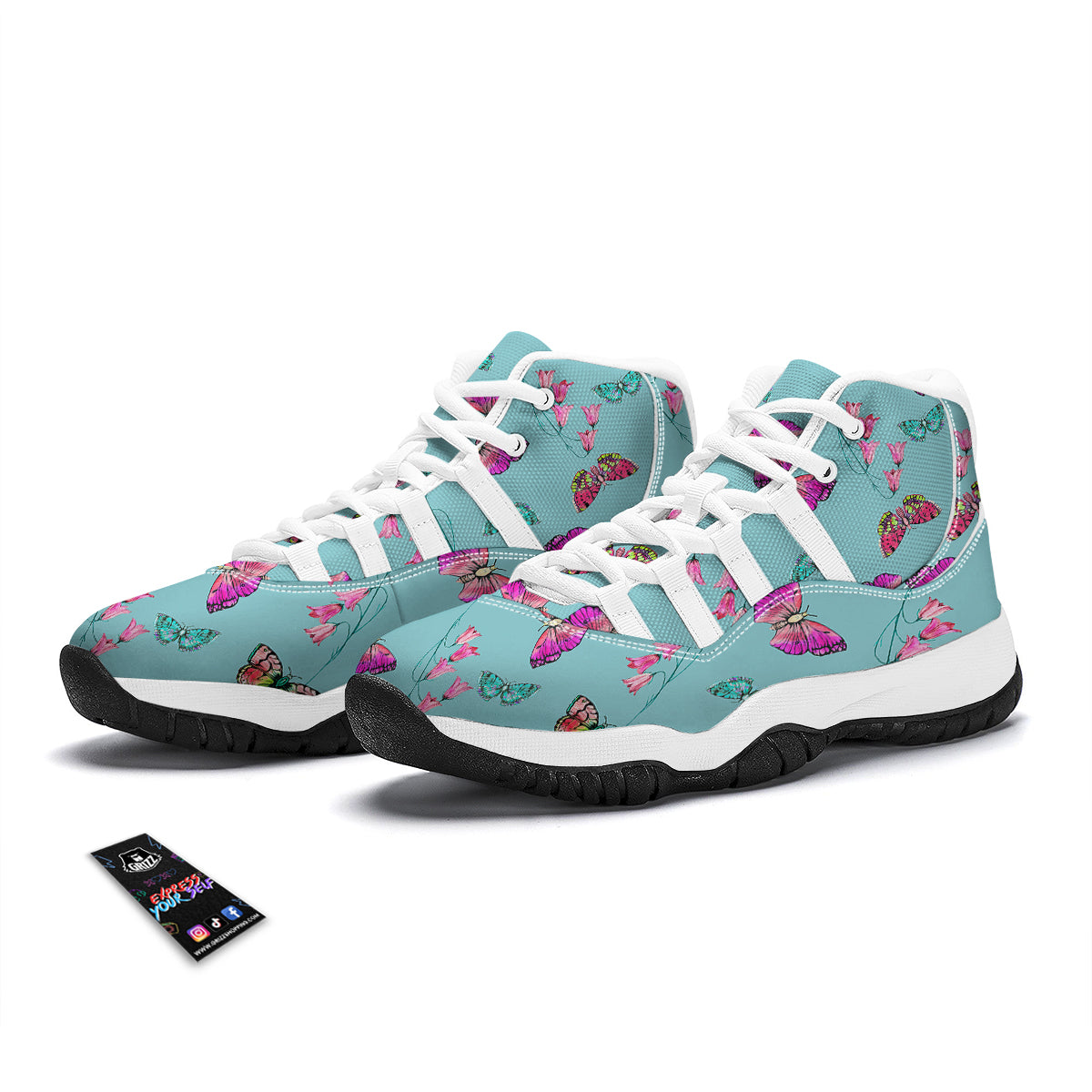 Butterfly Pink And Turquoise Print Pattern White Bball Shoes-grizzshop