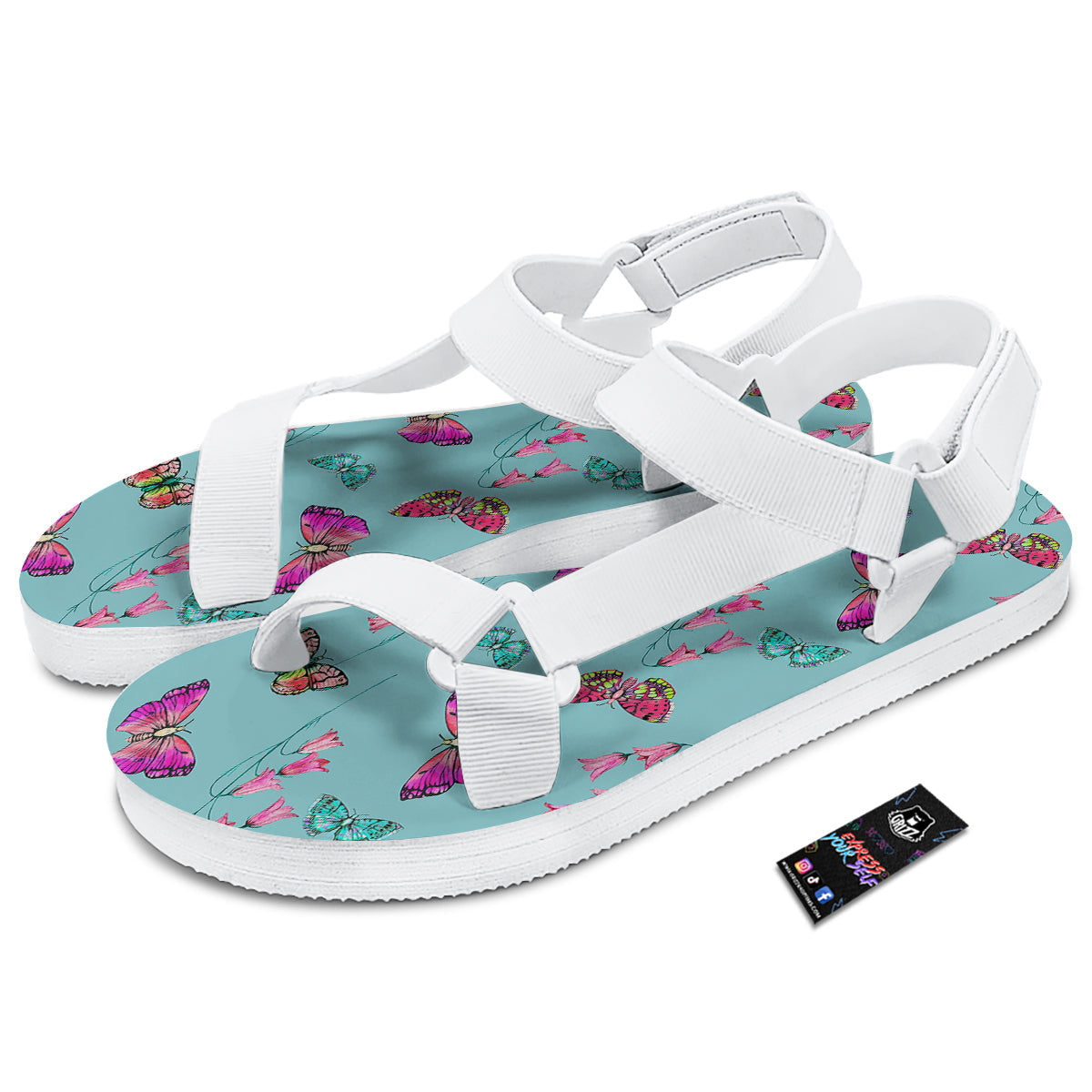 Butterfly Pink And Turquoise Print Pattern White Open Toe Sandals-grizzshop
