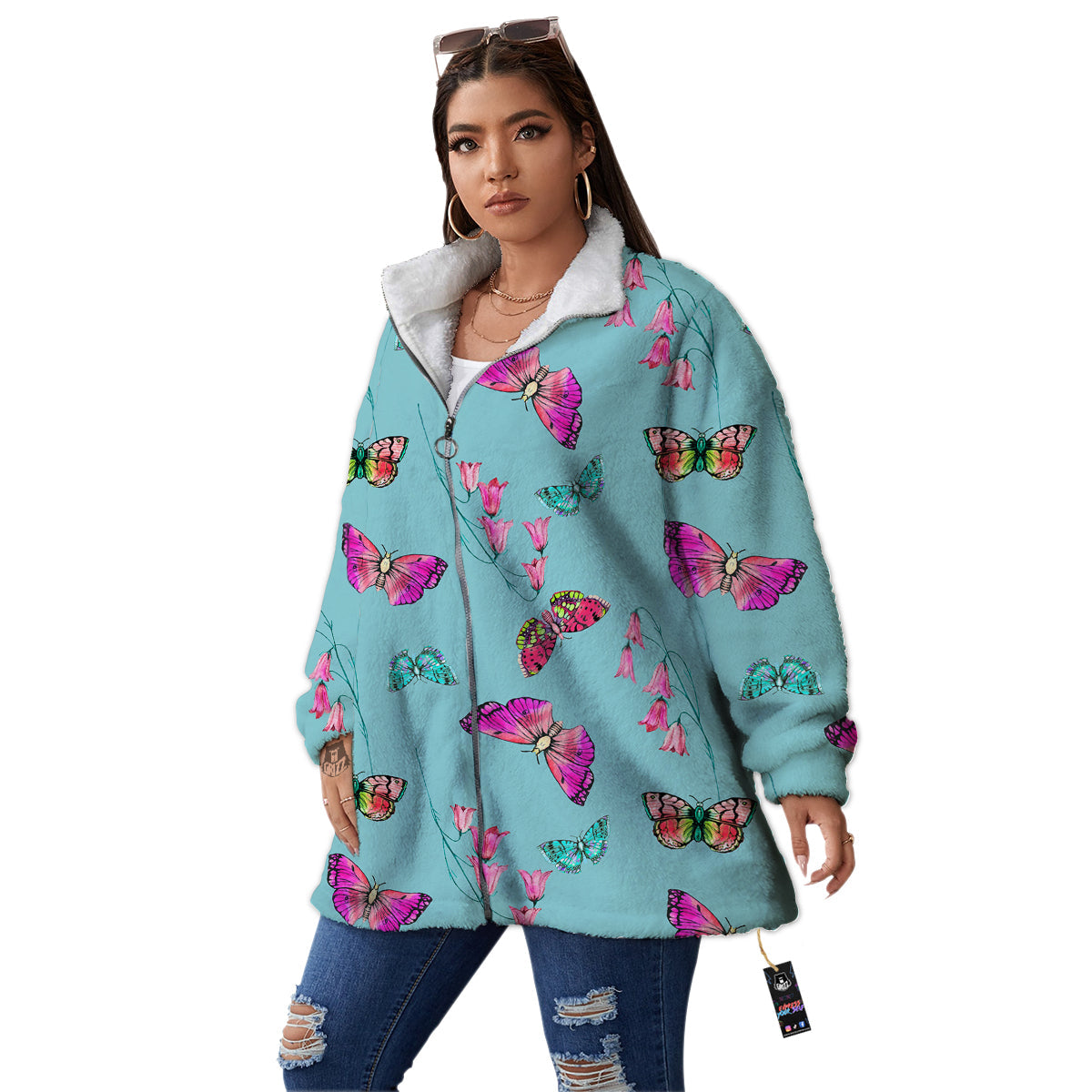 Butterfly Pink And Turquoise Print Pattern Women's Sherpa Jacket-grizzshop