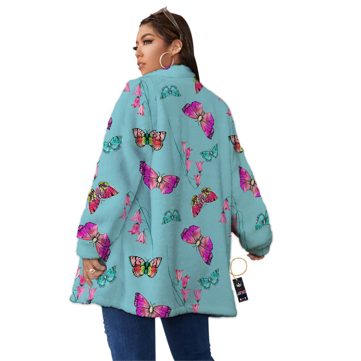 Butterfly Pink And Turquoise Print Pattern Women's Sherpa Jacket-grizzshop