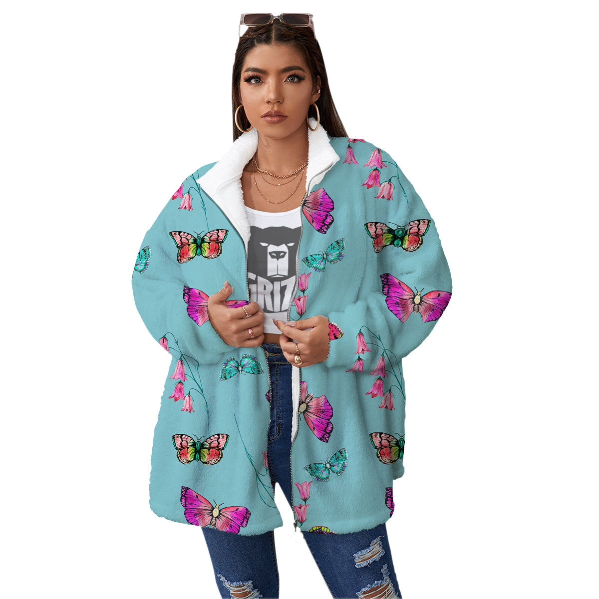 Butterfly Pink And Turquoise Print Pattern Women's Sherpa Jacket-grizzshop