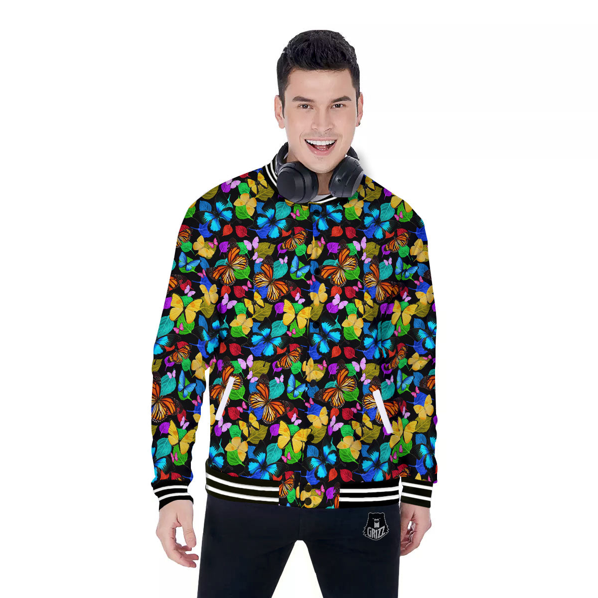 Butterfly Rainbow Print Pattern Baseball Jacket-grizzshop