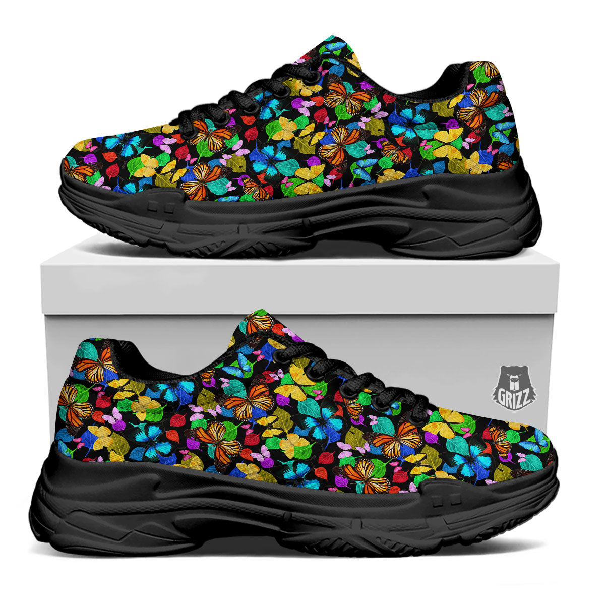 Butterfly Rainbow Print Pattern Black Chunky Shoes-grizzshop