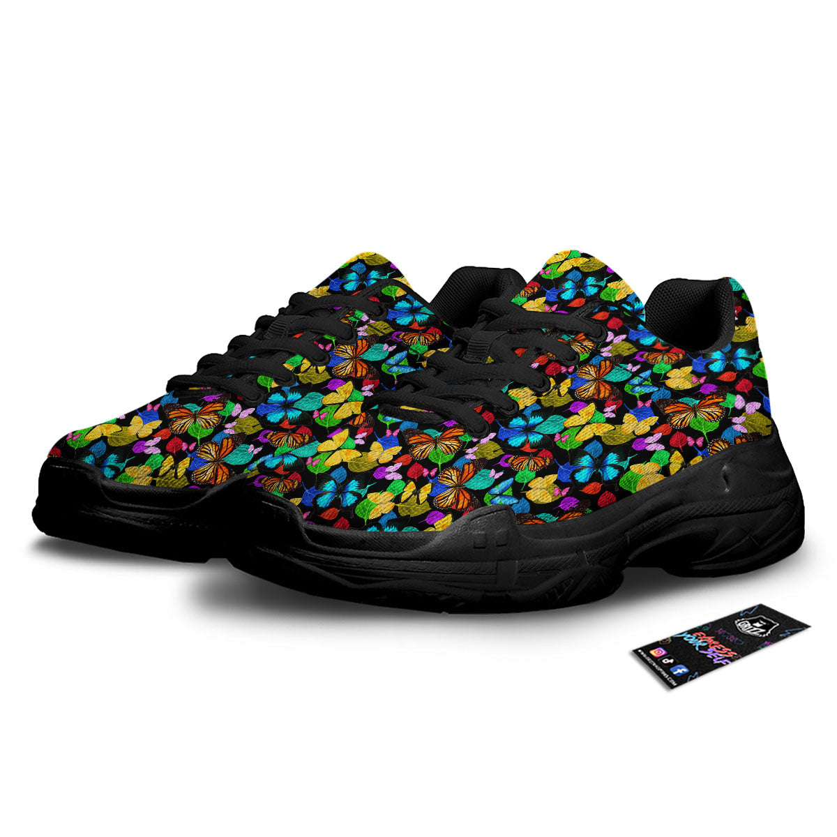 Butterfly Rainbow Print Pattern Black Chunky Shoes-grizzshop
