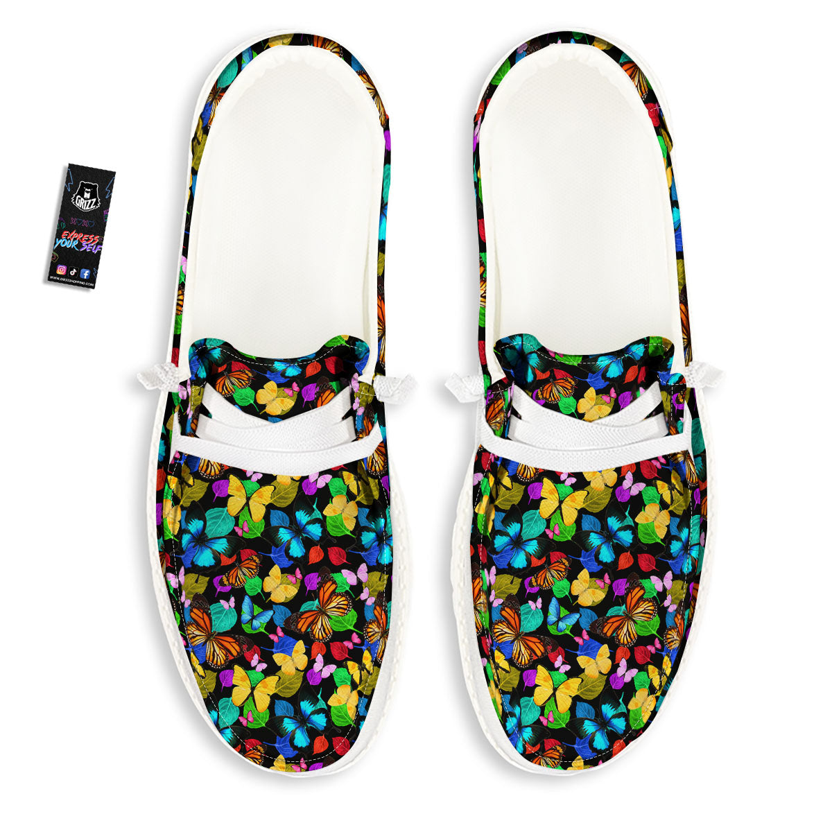 Butterfly Rainbow Print Pattern Black Loafers-grizzshop