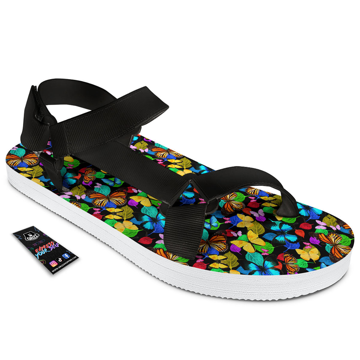 Butterfly Rainbow Print Pattern Black Open Toe Sandals-grizzshop