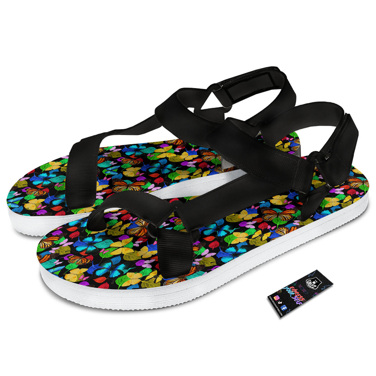 Butterfly Rainbow Print Pattern Black Open Toe Sandals-grizzshop