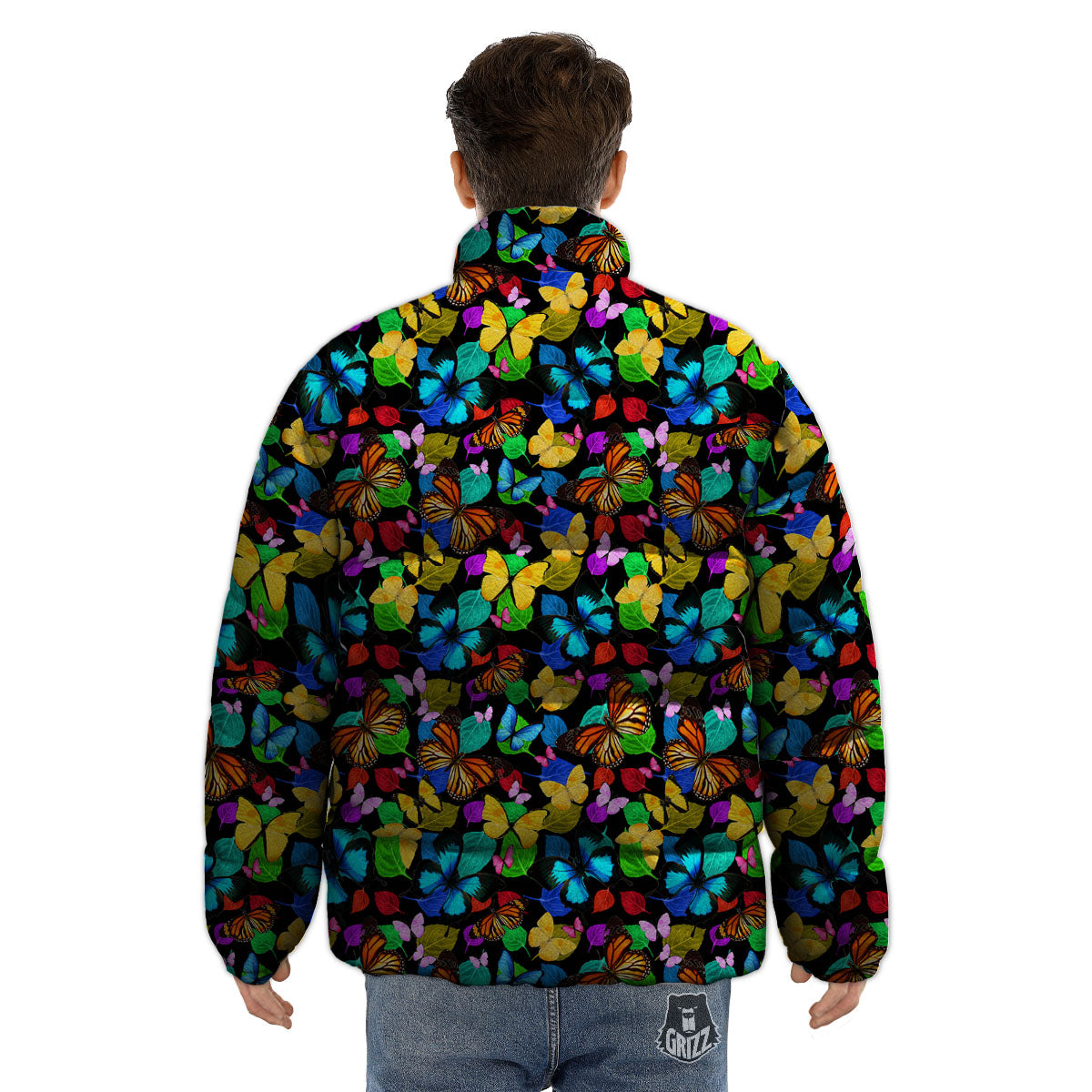 Butterfly Rainbow Print Pattern Puffer Jacket-grizzshop