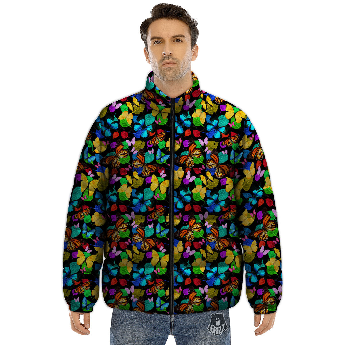 Butterfly Rainbow Print Pattern Puffer Jacket-grizzshop