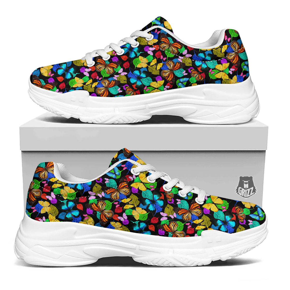 Butterfly Rainbow Print Pattern White Chunky Shoes-grizzshop