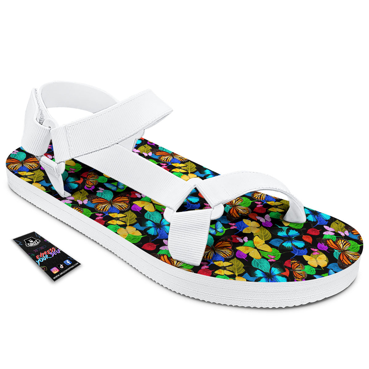 Butterfly Rainbow Print Pattern White Open Toe Sandals-grizzshop