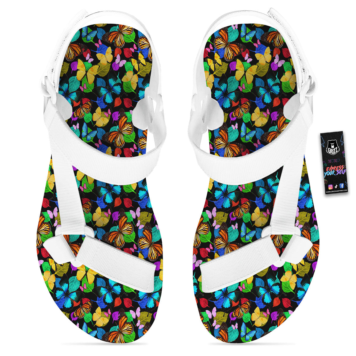 Butterfly Rainbow Print Pattern White Open Toe Sandals-grizzshop