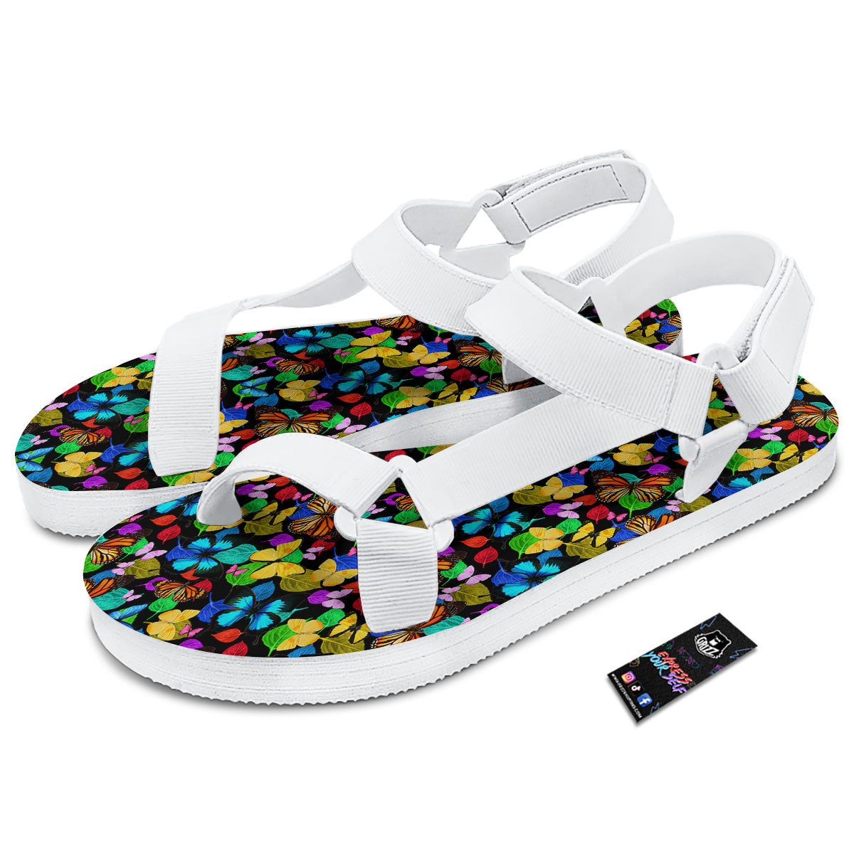Butterfly Rainbow Print Pattern White Open Toe Sandals-grizzshop
