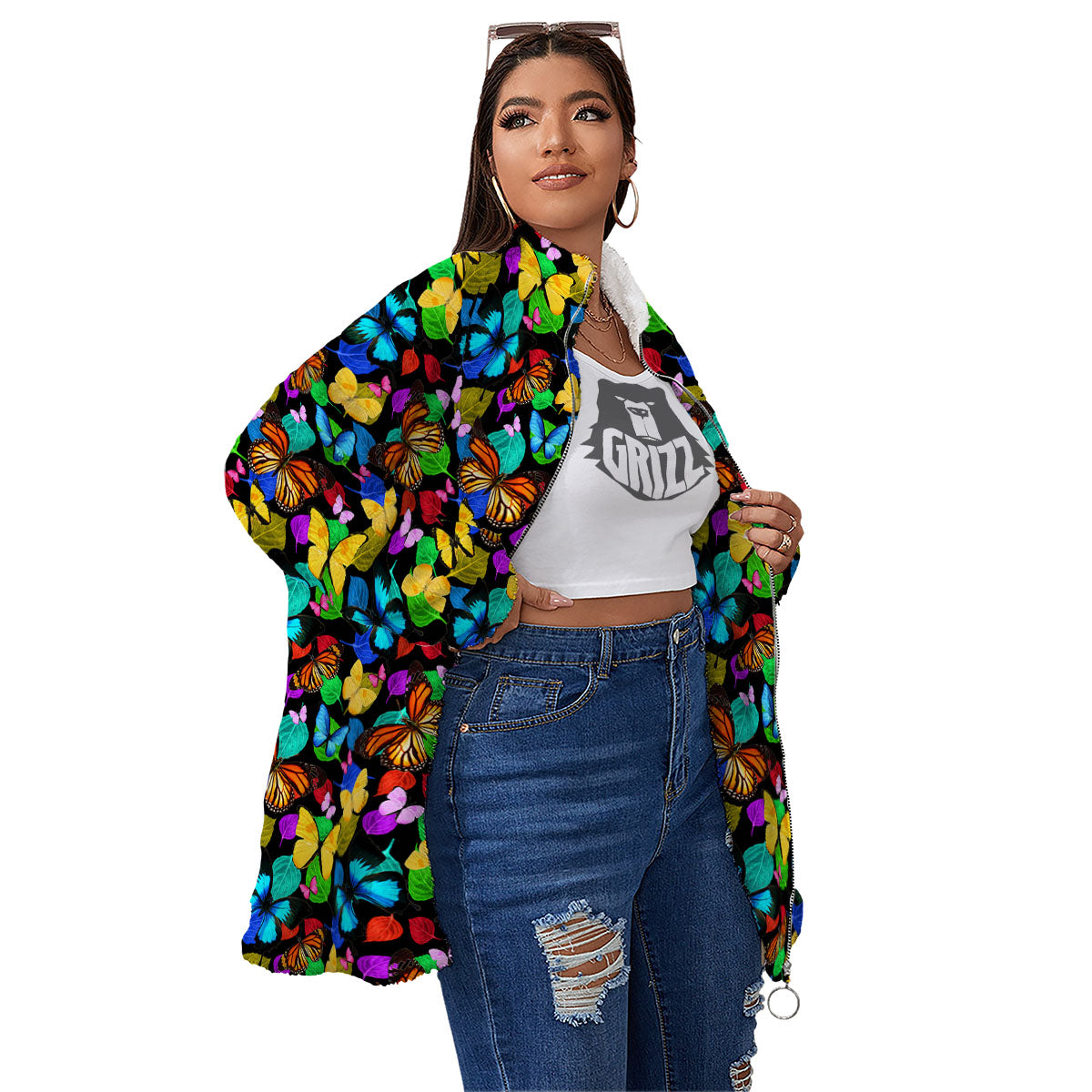 Butterfly Rainbow Print Pattern Women's Sherpa Jacket-grizzshop