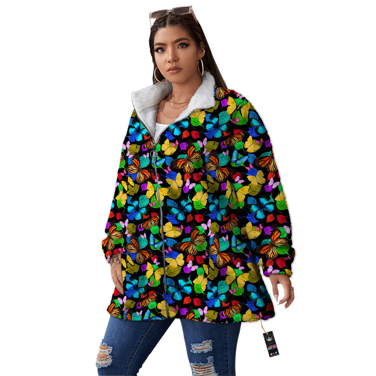 Butterfly Rainbow Print Pattern Women's Sherpa Jacket-grizzshop