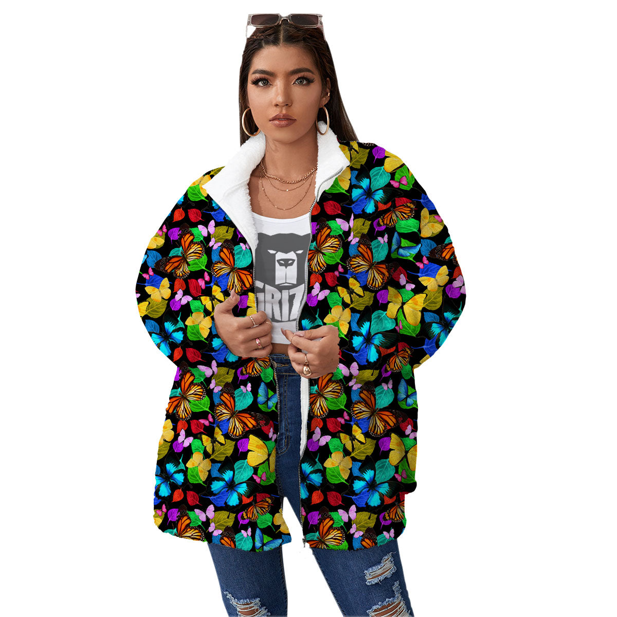 Butterfly Rainbow Print Pattern Women's Sherpa Jacket-grizzshop