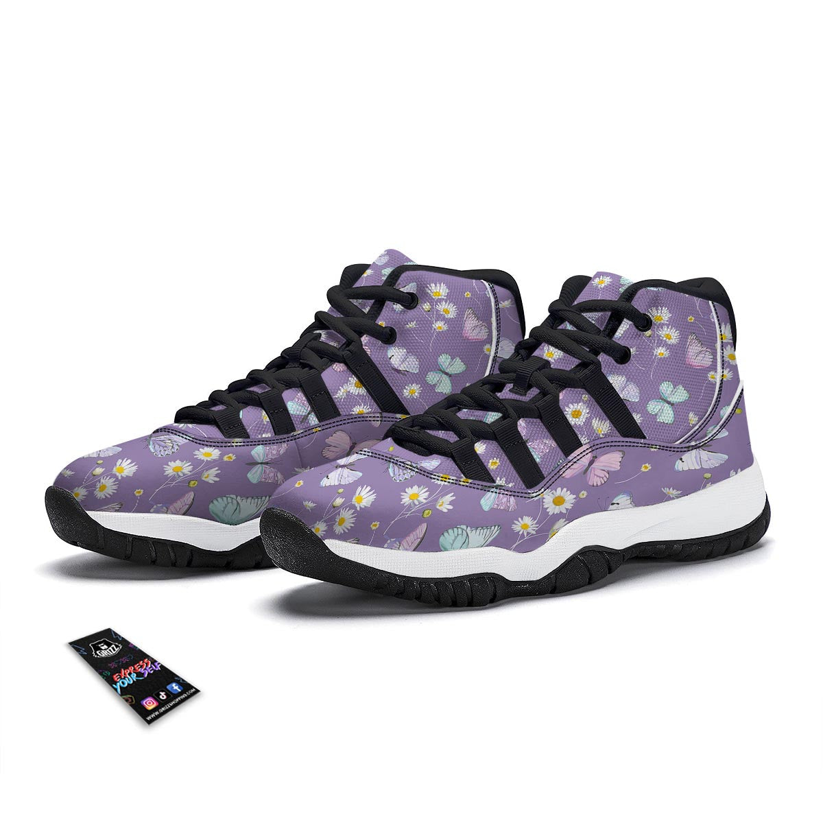 Butterfly Spring Print Pattern Black Bball Shoes-grizzshop