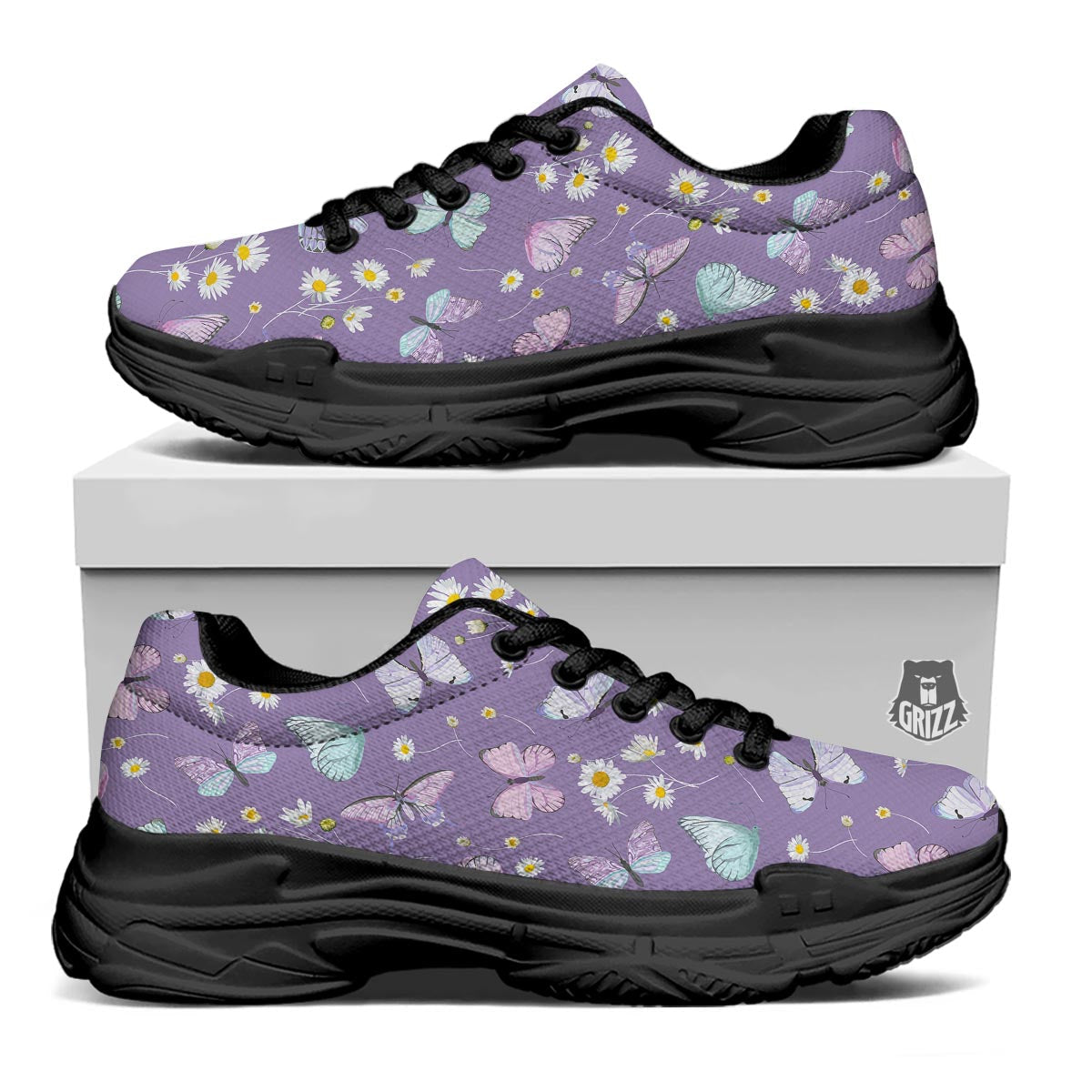 Butterfly Spring Print Pattern Black Chunky Shoes-grizzshop