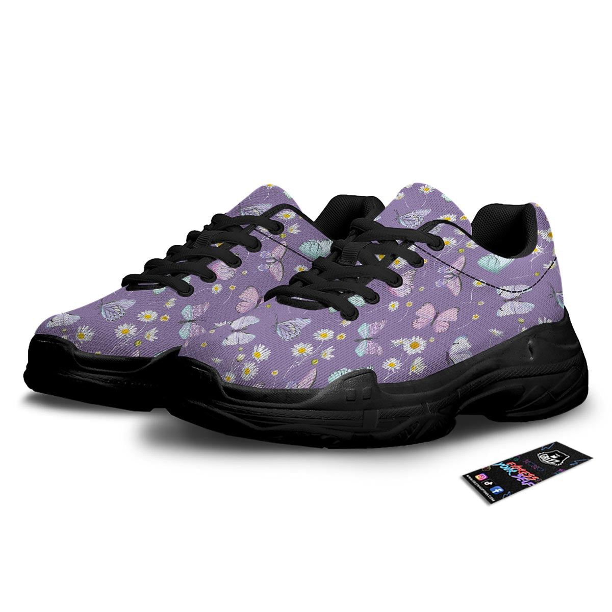 Butterfly Spring Print Pattern Black Chunky Shoes-grizzshop