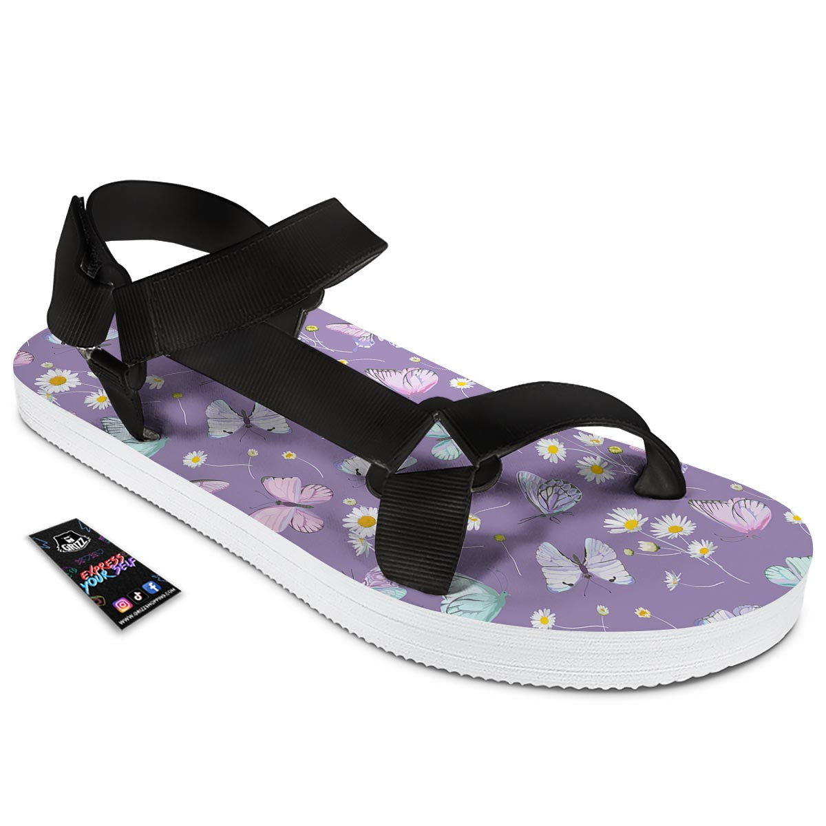 Butterfly Spring Print Pattern Black Open Toe Sandals-grizzshop