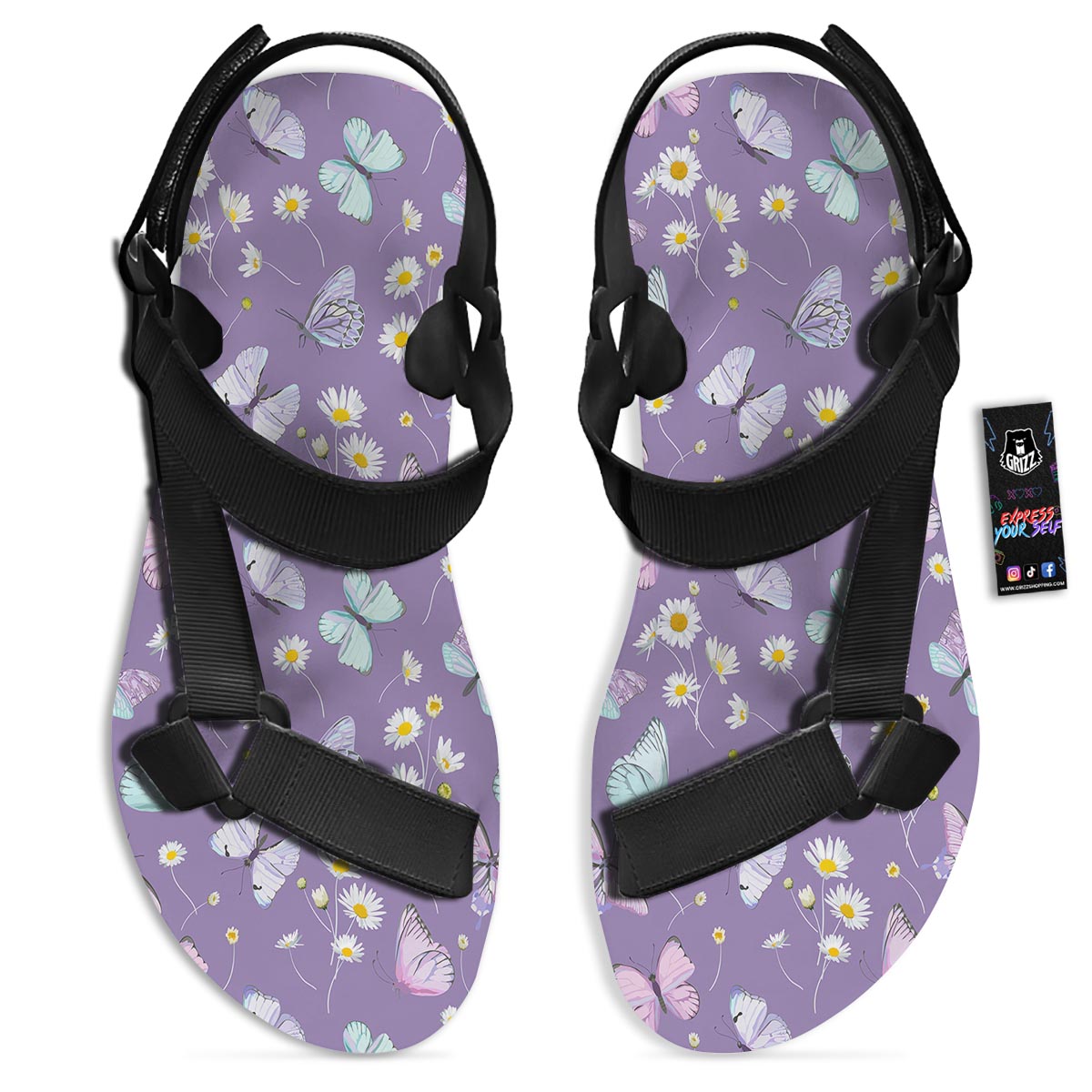 Butterfly Spring Print Pattern Black Open Toe Sandals-grizzshop