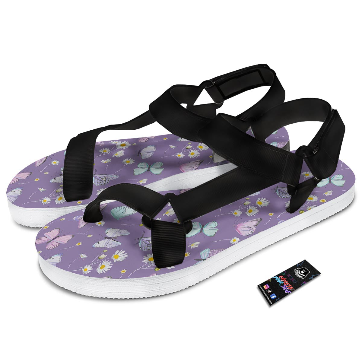 Butterfly Spring Print Pattern Black Open Toe Sandals-grizzshop