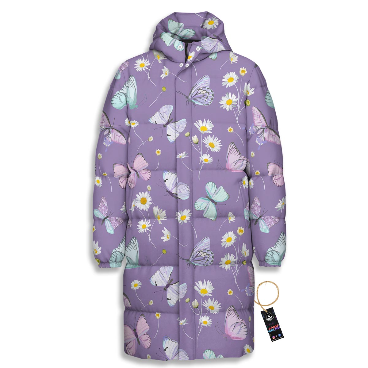 Butterfly Spring Print Pattern Long Down Jacket-grizzshop
