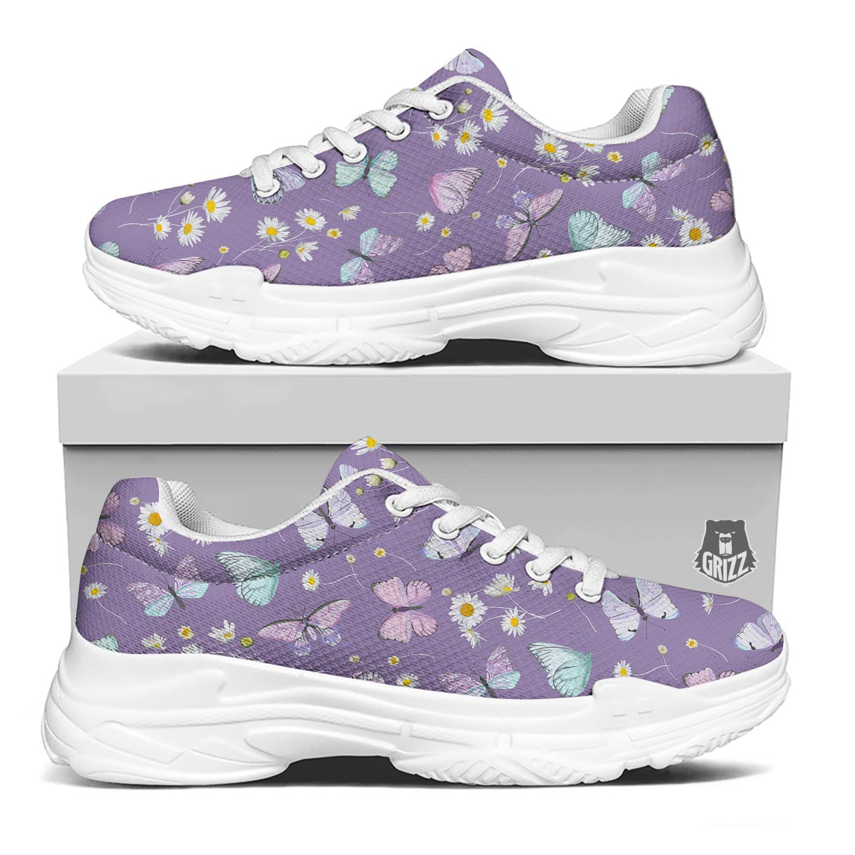 Butterfly Spring Print Pattern White Chunky Shoes-grizzshop