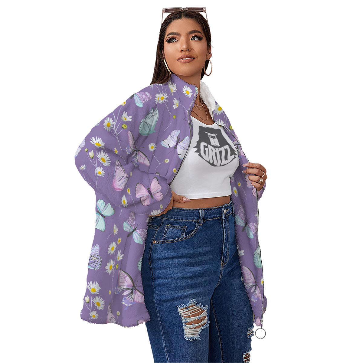 Butterfly Spring Print Pattern Women's Sherpa Jacket-grizzshop