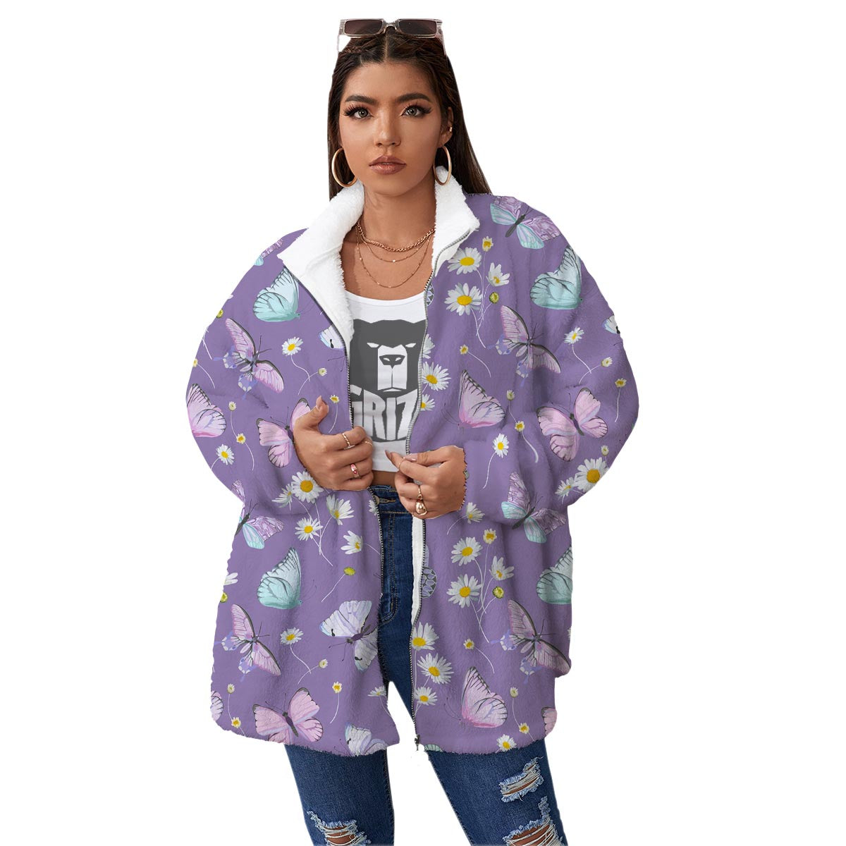 Butterfly Spring Print Pattern Women's Sherpa Jacket-grizzshop