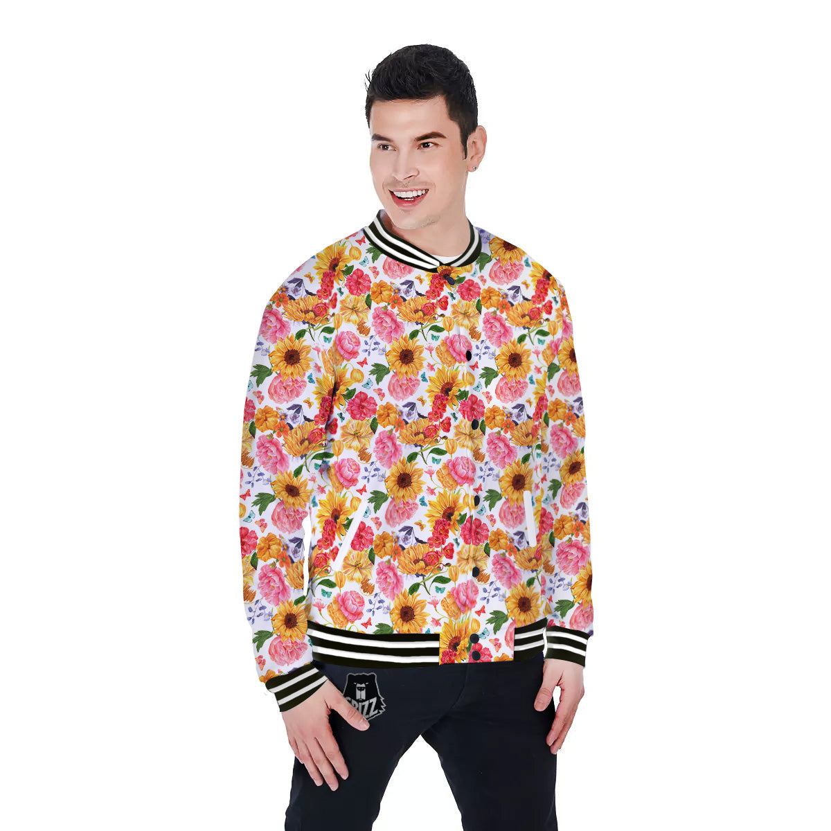Butterfly Sunflowers Peonies Print Pattern Baseball Jacket-grizzshop