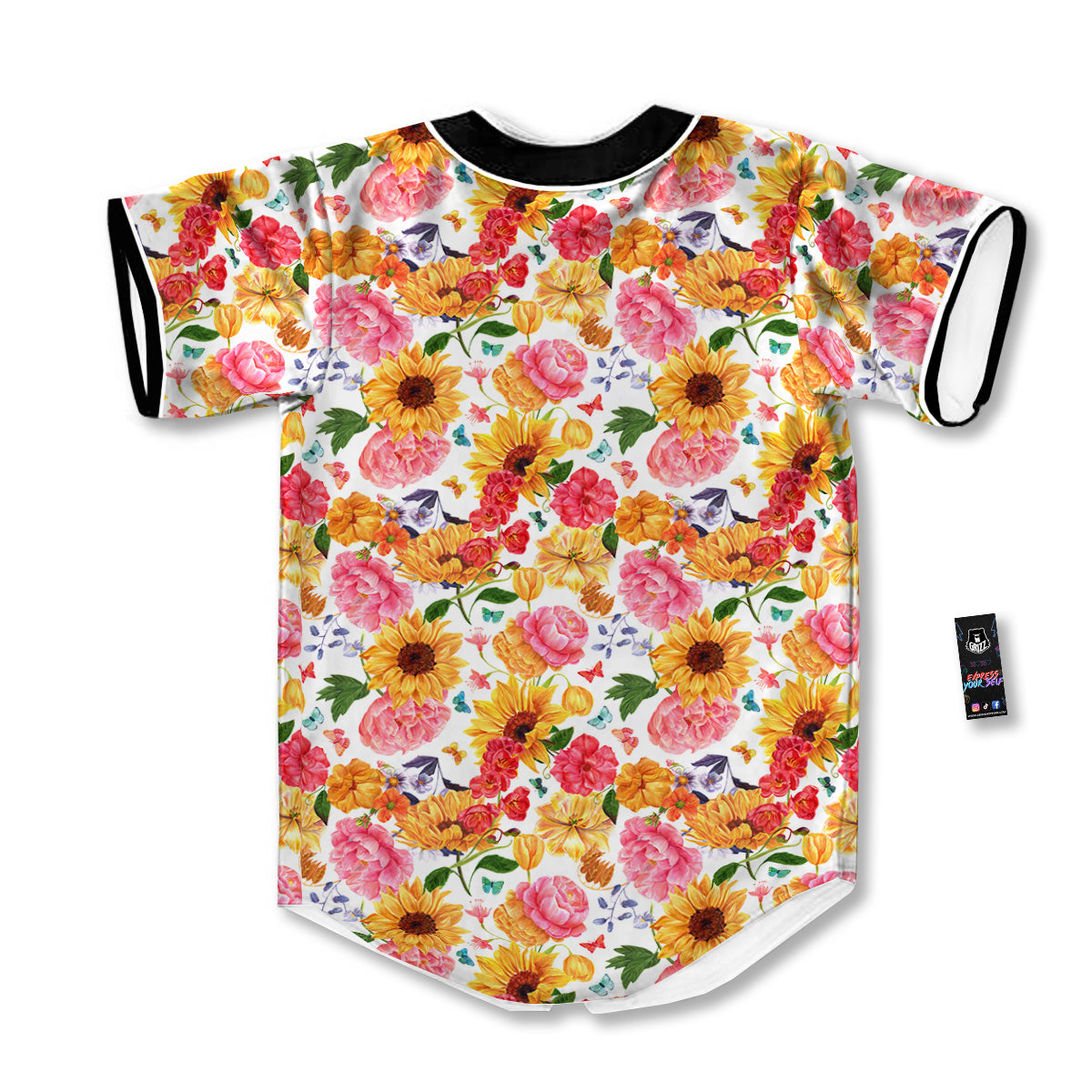 Butterfly Sunflowers Peonies Print Pattern Baseball Jersey-grizzshop