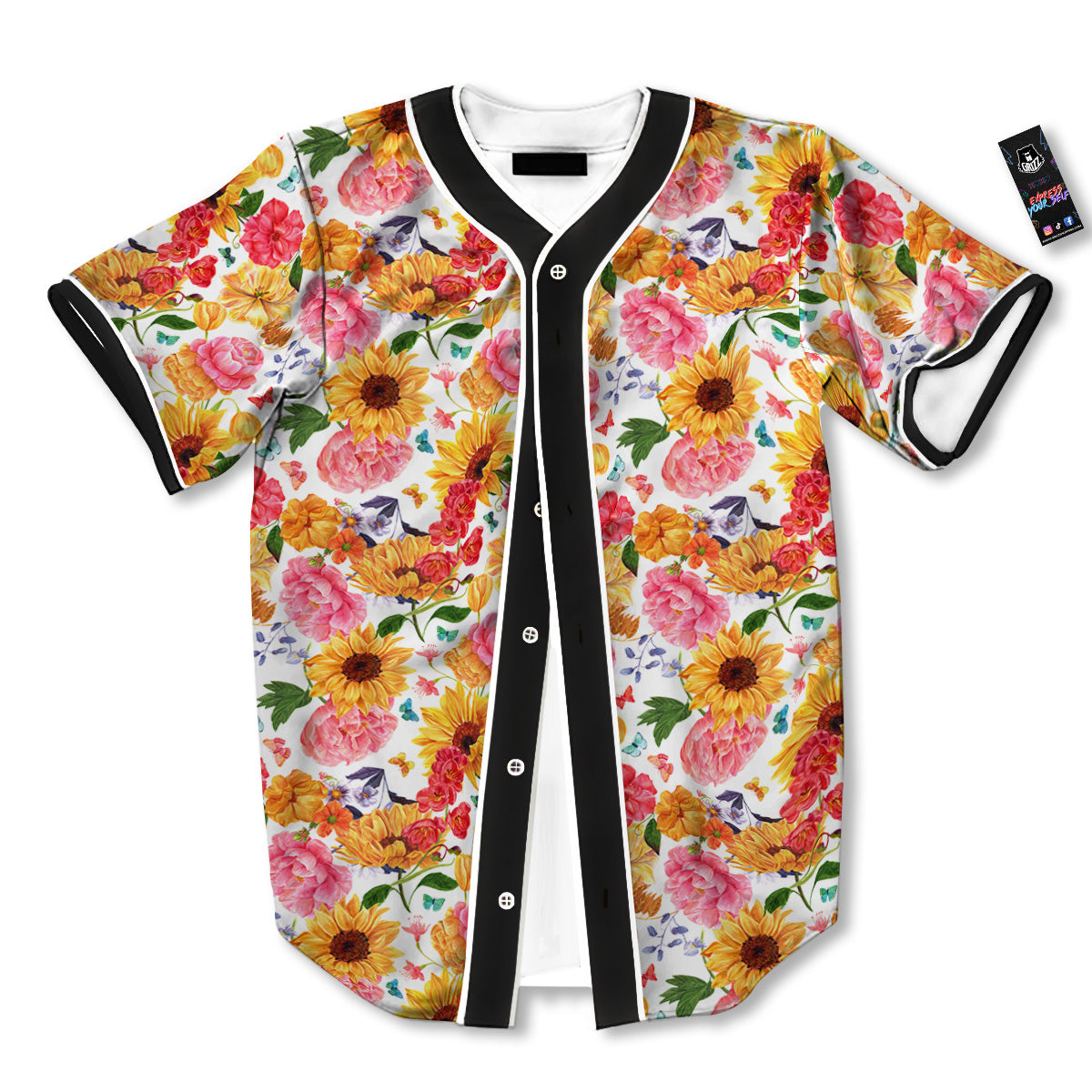 Butterfly Sunflowers Peonies Print Pattern Baseball Jersey-grizzshop