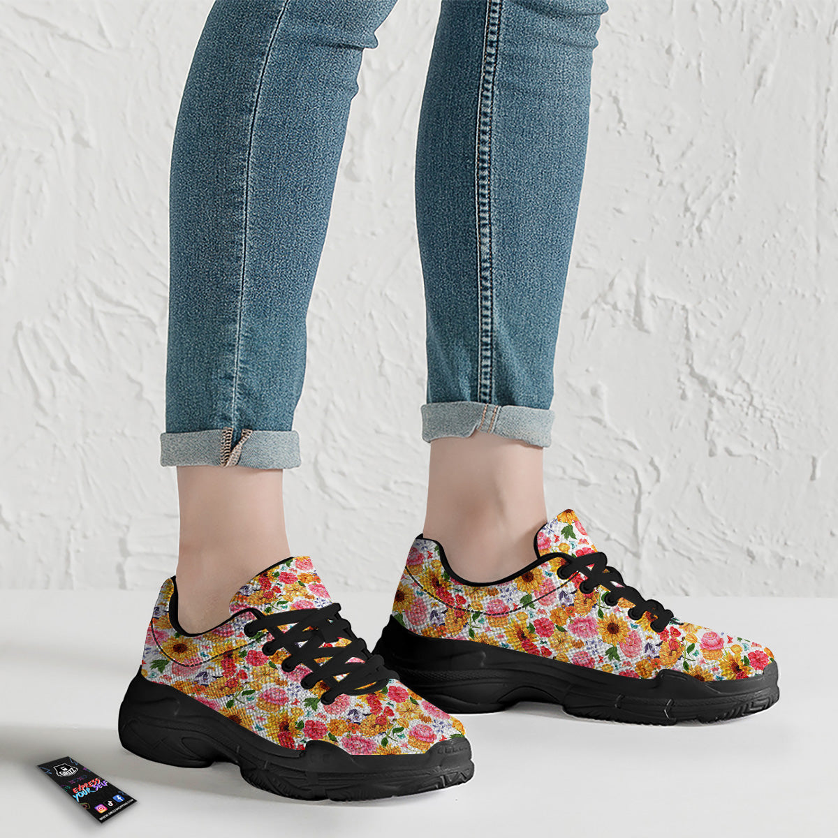 Butterfly Sunflowers Peonies Print Pattern Black Chunky Shoes-grizzshop