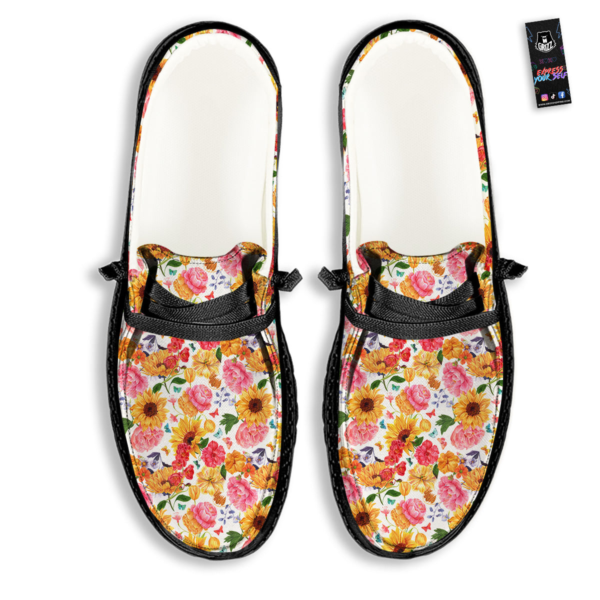 Butterfly Sunflowers Peonies Print Pattern Black Loafers-grizzshop