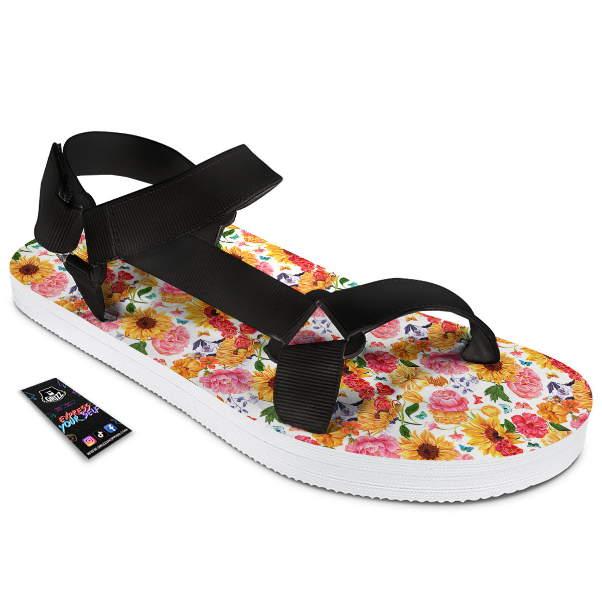 Butterfly Sunflowers Peonies Print Pattern Black Open Toe Sandals-grizzshop