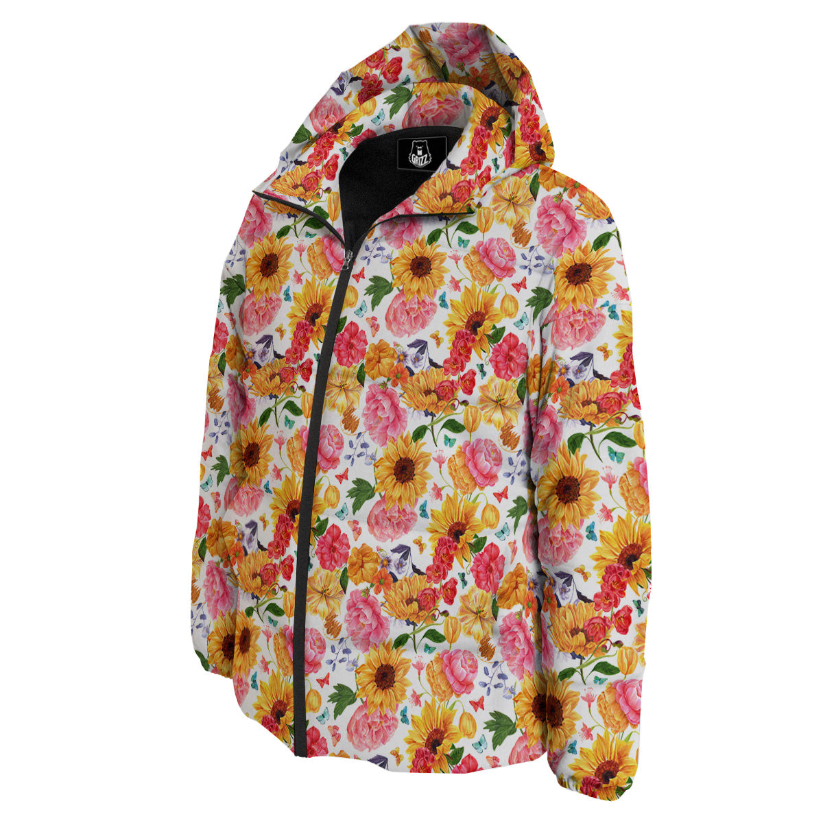 Butterfly Sunflowers Peonies Print Pattern Down Jacket-grizzshop