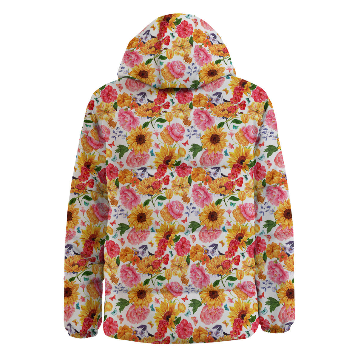 Butterfly Sunflowers Peonies Print Pattern Down Jacket-grizzshop