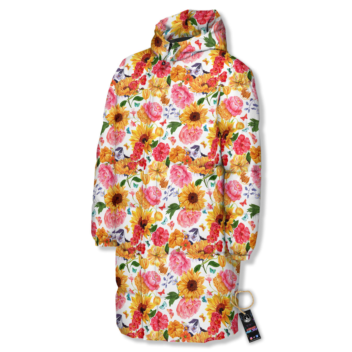 Butterfly Sunflowers Peonies Print Pattern Long Down Jacket-grizzshop