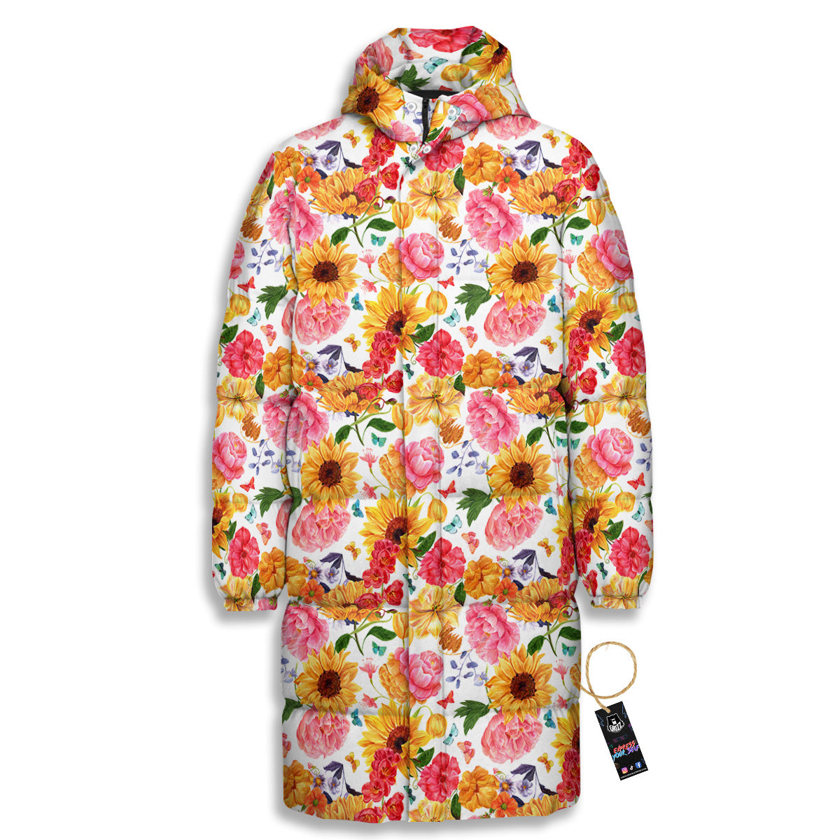 Butterfly Sunflowers Peonies Print Pattern Long Down Jacket-grizzshop