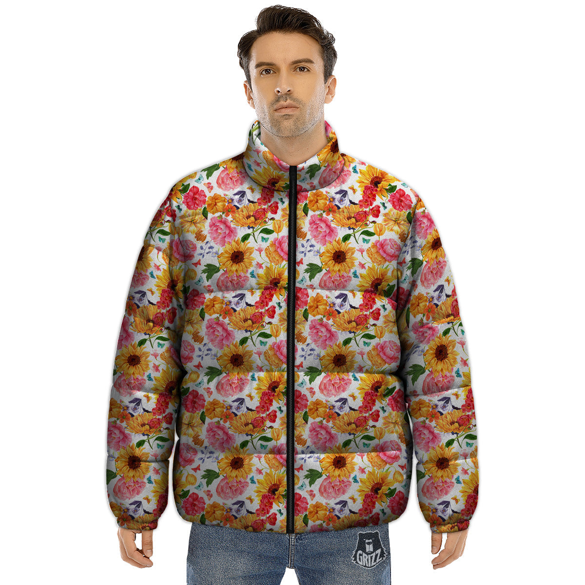Butterfly Sunflowers Peonies Print Pattern Puffer Jacket-grizzshop