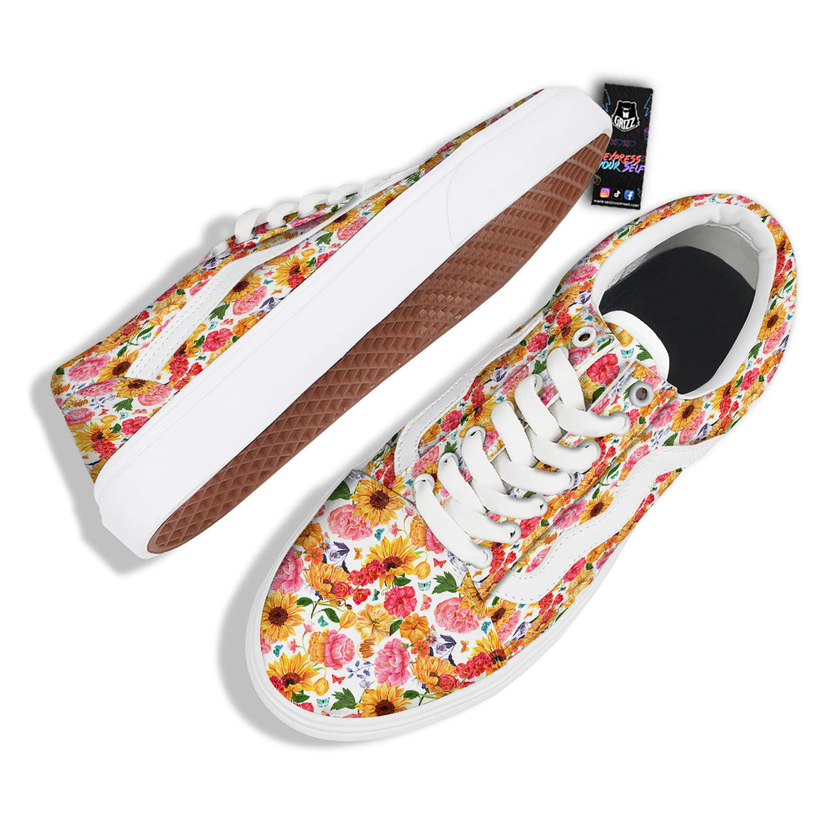 Butterfly Sunflowers Peonies Print Pattern Skate Shoes-grizzshop