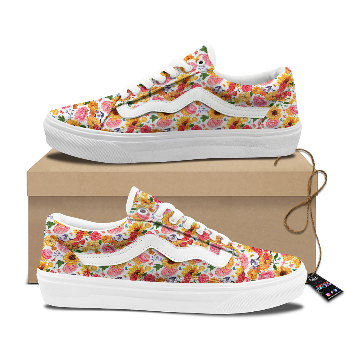 Butterfly Sunflowers Peonies Print Pattern Skate Shoes-grizzshop